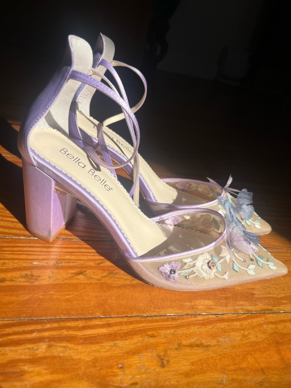 Bella Belle Lilac Ankle-Strap Block Heels with Butterfly Appliqué - Picture 3 of 17